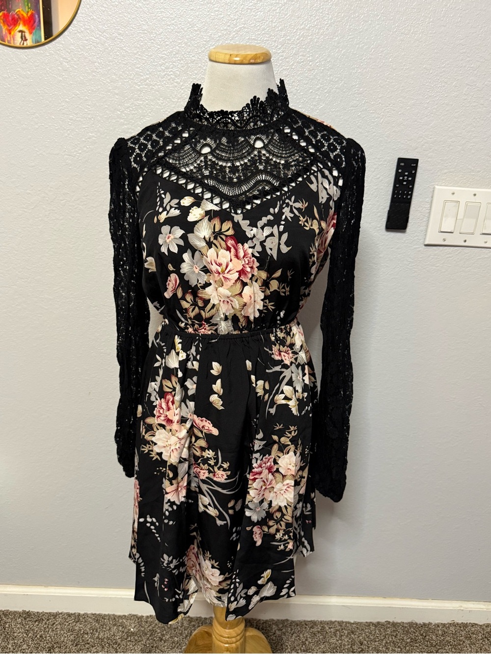 Black Floral Long-Sleeve Lace Yoke A-Line Dress by